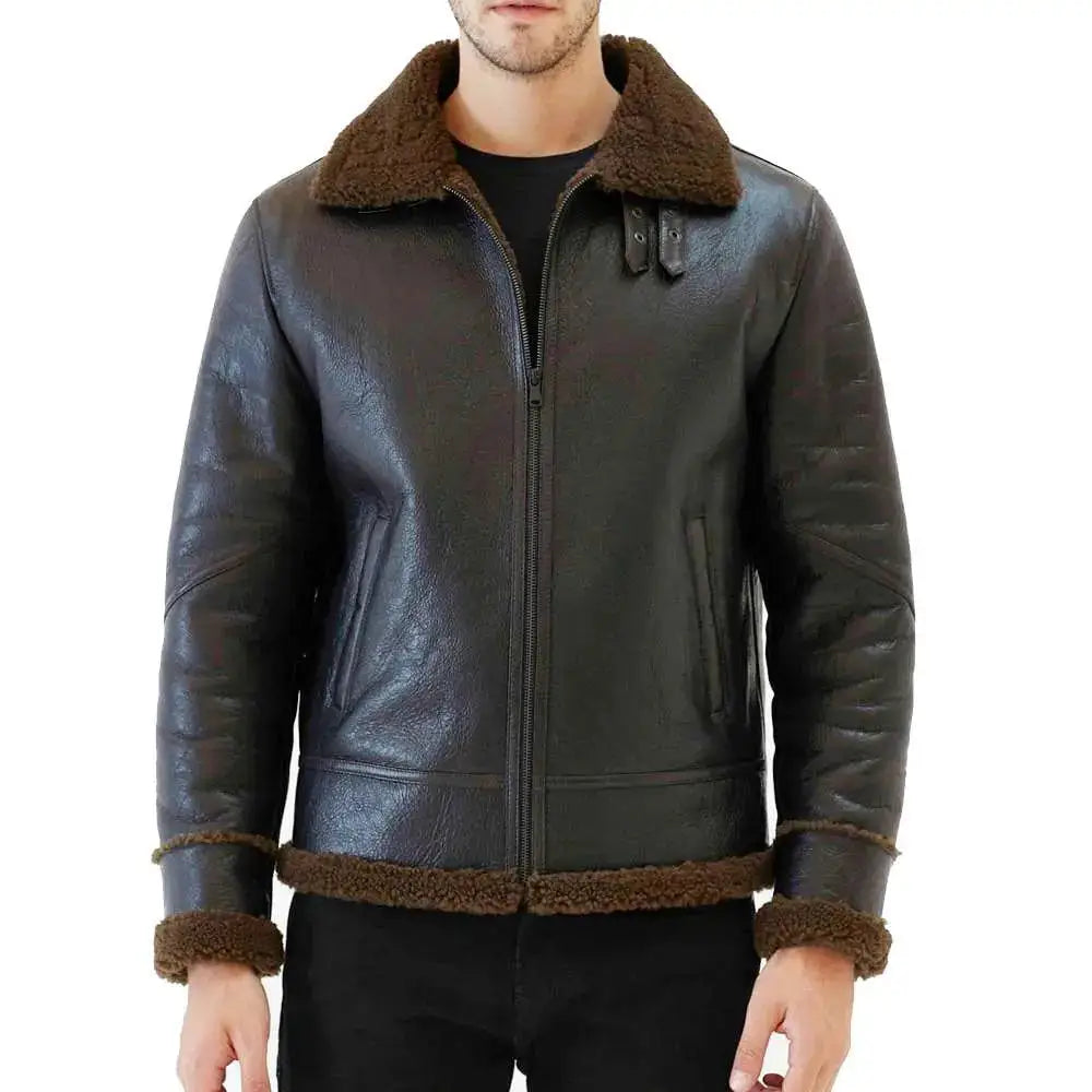 Men’s Tobacco Brown Aviator Shearling Bomber Jacket-0